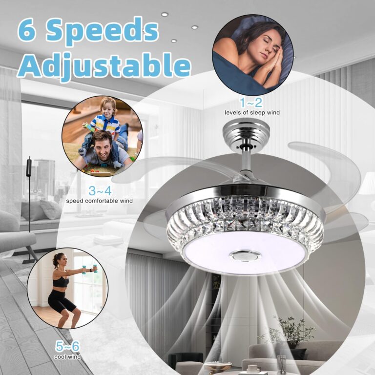 NUTCRUST Bluetooth Ceiling Fan with Light and Speaker, Retractable Ceiling Fan Chandelier with Remote Control, 6 Speeds Reversible Blade Smart Ceiling Fan, Bright Silver, Nordic - Image 7
