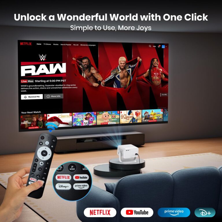 Projector [NetfIix Official/Auto Focus/360° Rotatable Stand] 4K Projector with Wifi and Bluetooth 1080P Native, One-Click Use Built-in NetfIix/YouTube/PrimeVideo/D+, Smart Home Outdoor Projector Gery - Image 5