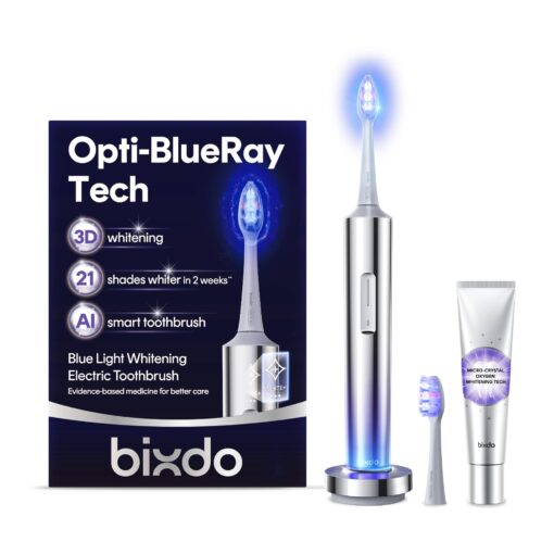bixdo Whitening Electric Toothbrush W60 - Oscillating & Sonic Blue Light Technology with Pap Toothpaste for Sensitive Teeth, 2-in-1 Cleaning + Whitening, 180-Day Battery, Smart AI Brushing Modes