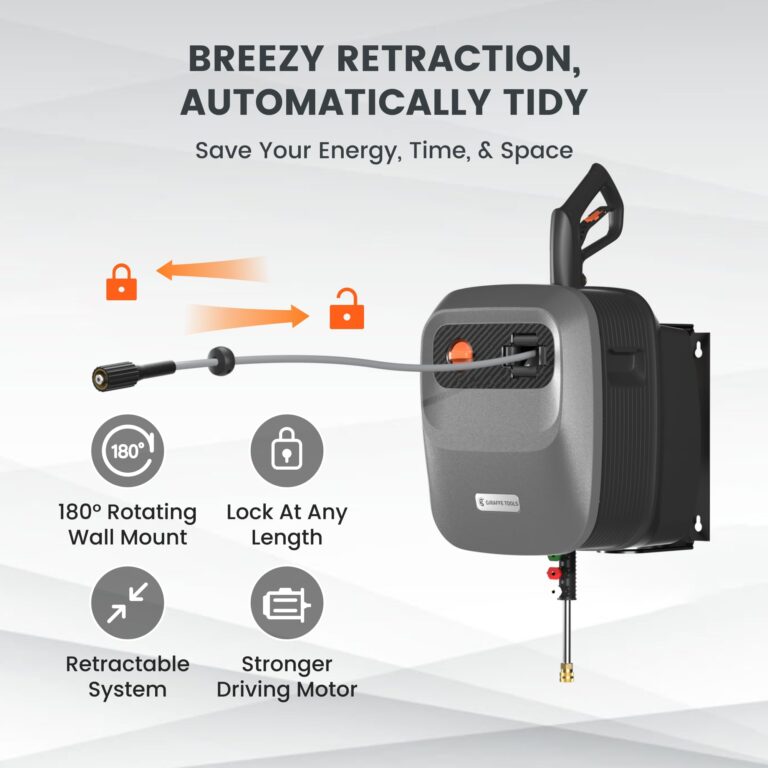 Giraffe Tools Grandfalls Pressure Washer G20 Pro, 2500 PSI 2.2 GPM, Wall Mounted Power Washer with 65FT Hose Reel, Ultra-Soft Pressure Hoses, 4 Nozzles for Floor/Cars/Fences/Patios, Dark Silver - Image 7