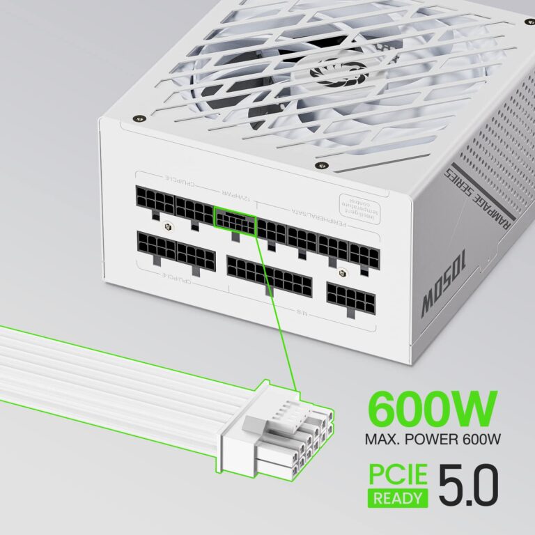 GAMEMAX Rampage Series 1050W ATX 3.1 & PCIe 5.1 80 Plus Platinum Certified Fully Modular Power Supply, 135mm F.D.B Fan, 105°C Japanese Caps, 10 Year Warranty, GX1050, White - Image 4