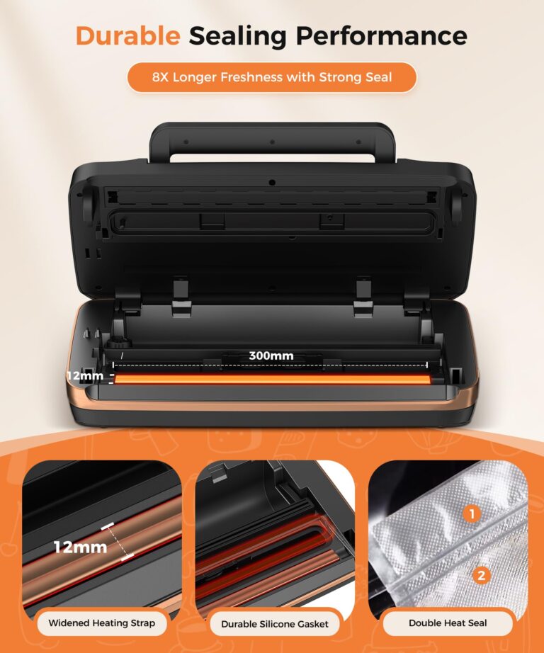 95kpa Vacuum Sealer Machine,Commercial Full Automatic Food Sealer,Powerful Sealing System with Double Heat Seal,Bags Storage, Easy-Lock Handle,Build-in Cutter,1 Bag Rolls and 10 pcs Pre-cut Bags - Image 6