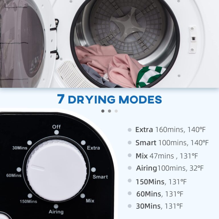 HOMCOM Portable Clothes Dryer, 120V 1300W Compact Laundry Dryer with Intelligent Drying, 3.2 cu.ft Stainless Steel Drum, Front Load Electric Dryer for Apartments, Dorms, RVs, White - Image 8