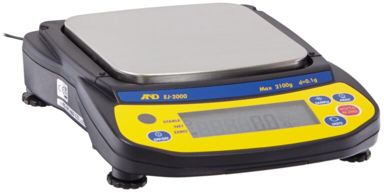 A&D Engineering EJ-2000 Newton Compact Electronic Toploading Balance with LCD Display, 127mm x 140mm Pan, +/-0.1g Linearity, 2100g Capacity, 0.1g Readability