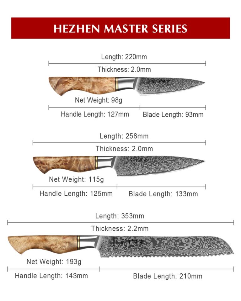 HEZHEN Damascus Kitchen Knives Set, Damascus Steel Japanese Style Chef Knife Utility Knife Santoku Knife,Figured Sycamore Wood Handle - Image 7