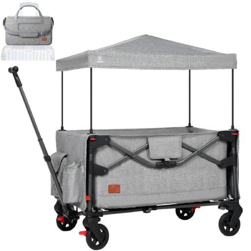 EVER ADVANCED Foldable into Bag Travel Wagon Stroller for 2 Kids & Cargo, Collapsible Toddler Wagon with Removable Canopy, Adjustable 5-Point Harness, Lightweight Carry-on Stroller for Airplane
