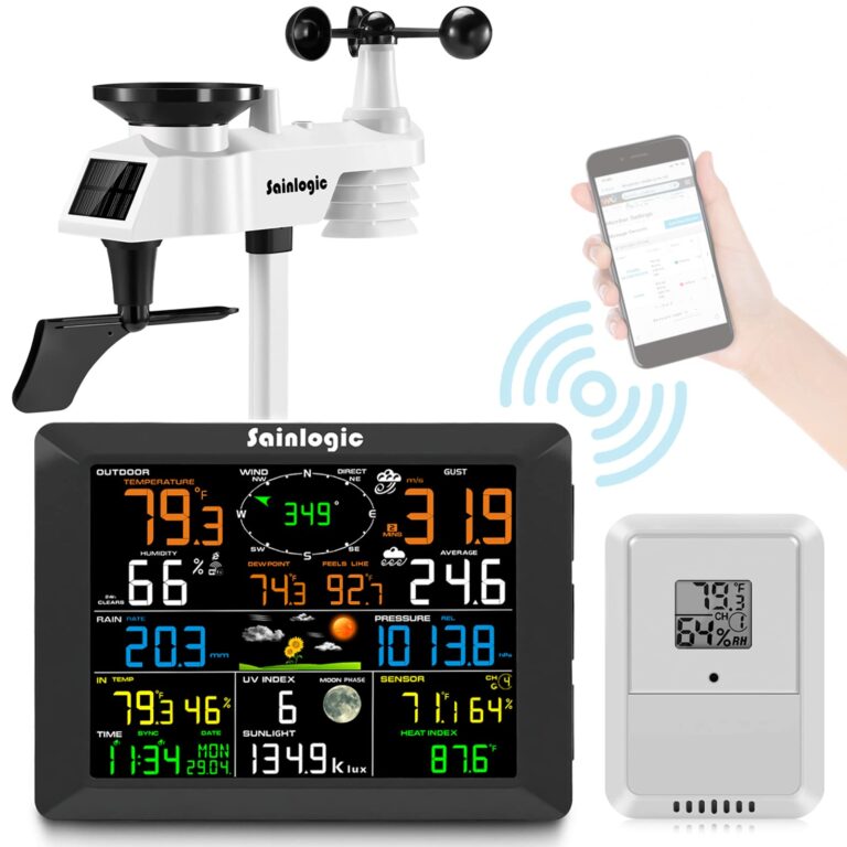 Sainlogic 8.3 Inch Color Display WLAN Weather Stations Wireless Indoor Outdoor with 7-in-1 Rain Gauge and Wind Speed Sensor, Internet Wireless Weather Station Remote Monitoring System