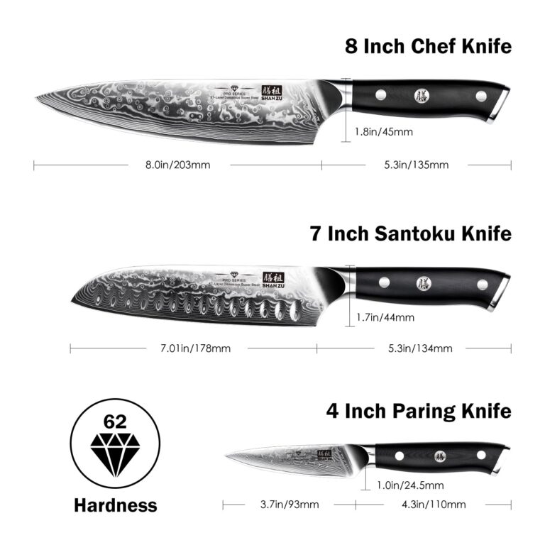 SHAN ZU Damascus Knife Set, Japanese Super Steel 3 PCS Damascus High Carbon Professional Ultra-Sharp Kitchen Chef Knife Set with G10 Handle Gift Box - Image 8