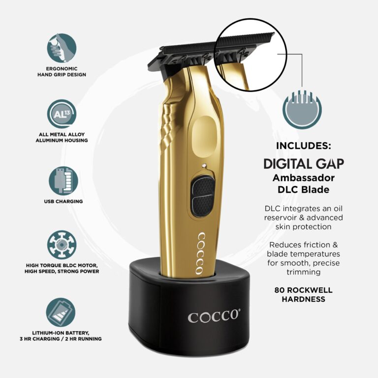 Cocco Veloce Pro Trimmer, Digital Gap Ambassador DLC Blade Edger, High-Torque Brushless BLDC Motor, Cordless, All-Metal Design, Lithium-Ion Battery, Charging Base Included, Gold - Image 7