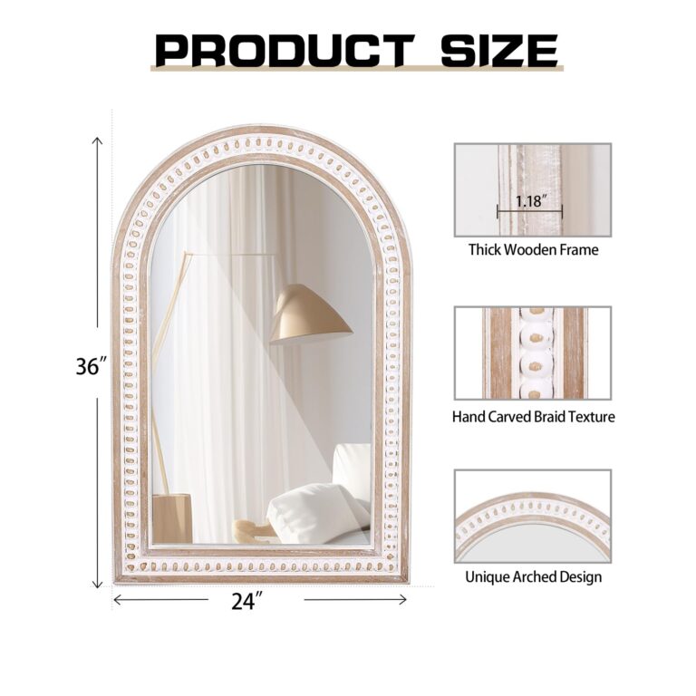 36x24 Boho Wooden Arched Wall Mirror with Beaded, Rustic Farmhouse Decorative Arch Mirrors for Bathroom Vanity, Living Room, Entryway, or Foyer - Image 3