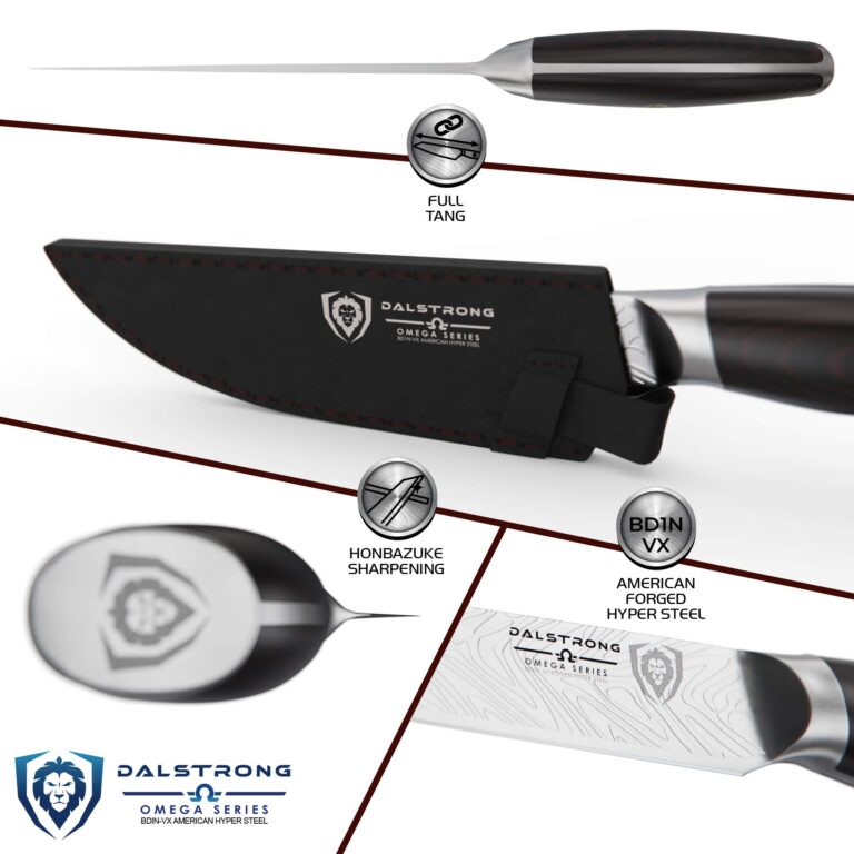 Dalstrong Steak Knife Set - 4 Piece - 5 inch Blade - Omega Series - BD1N-V Hyper Steel Kitchen Knife - G10 Woven Fiberglass Handle - Razor Sharp Knife - Leather Sheath Included - Image 6