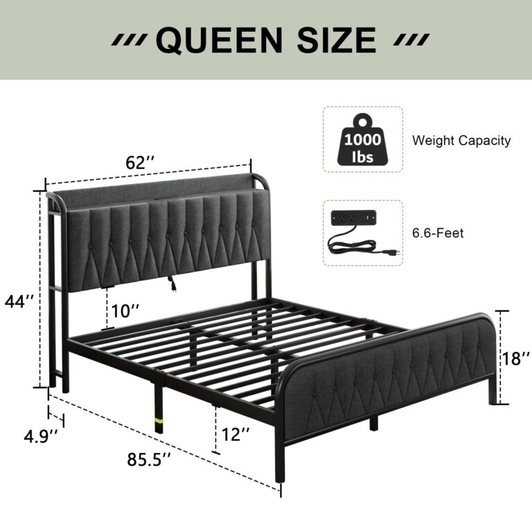 Feonase Linen Queen Bed Frame with Fast Charging Station,Queen Metal Platform Beds with Upholstered Headboard & Footboard,12" Underbed Storage Space,Easy Assembly,Noise-Free,Black Gray - Image 7