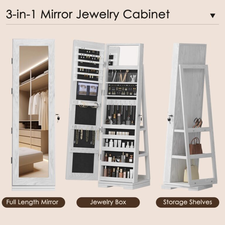 SDHYL 360° Rotating Full-Length Mirror Jewelry Cabinet - Standing Mirror with Jewelry Storage, Makeup Organizer & Lock, 63"x15", Perfect for Girls, Women, and Home Decor - Image 5
