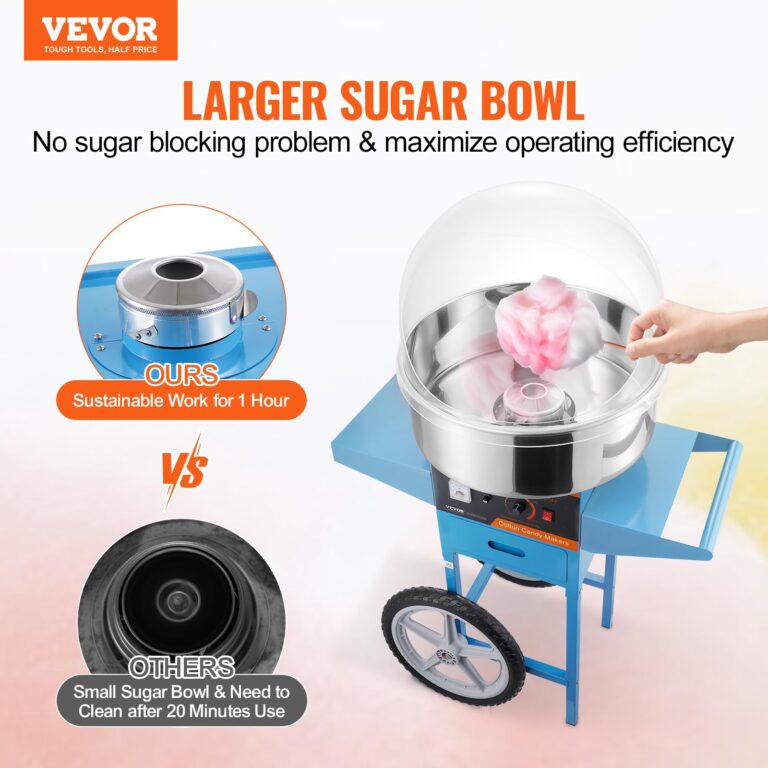 VEVOR Electric Cotton Candy Machine Cart with Cover, 1000W Commercial Floss Maker w/Stainless Steel Bowl, Sugar Scoop and Drawer, Perfect for Home, Carnival, Kids Birthday, Family Party, Blue - Image 9