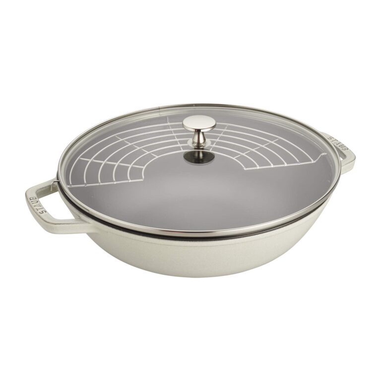 Staub Cast Iron Perfect Pan, Wok, Dutch Oven, 4.5-quart, serves 4-5, Made in France, White Truffle