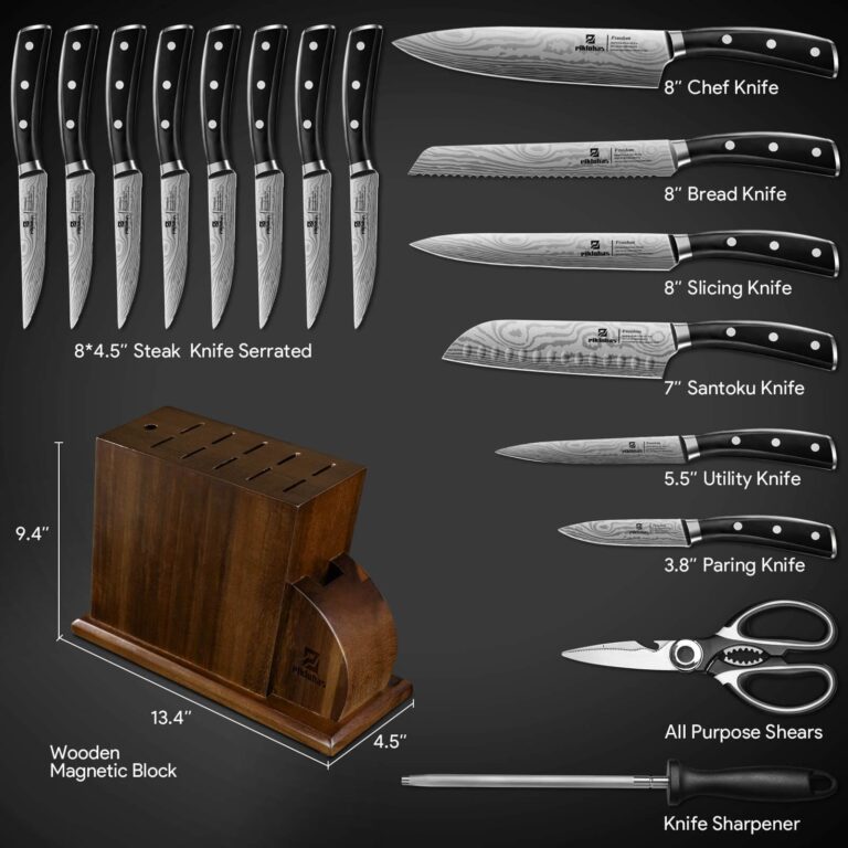 Piklohas Knife Sets for Kitchen with Block, 17 Pieces with Magnetic Knife Holder, German High Carbon Stainless Steel Damascus Pattern Chef Knife Set - Image 5