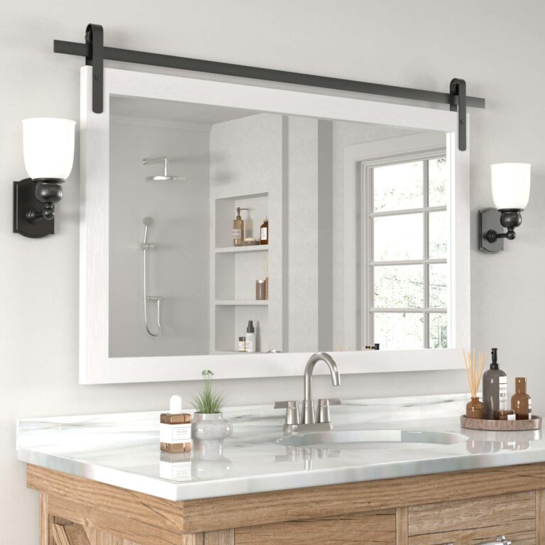 PAIHOME Large White Bathroom Mirror, Farmhouse Horizontal Rustic Square Mirror for Wall Wood Framed Vanity Mirrors, Barn Door Style Decor Living Room Entryway Bedroom Mirrors, 40x26INCH