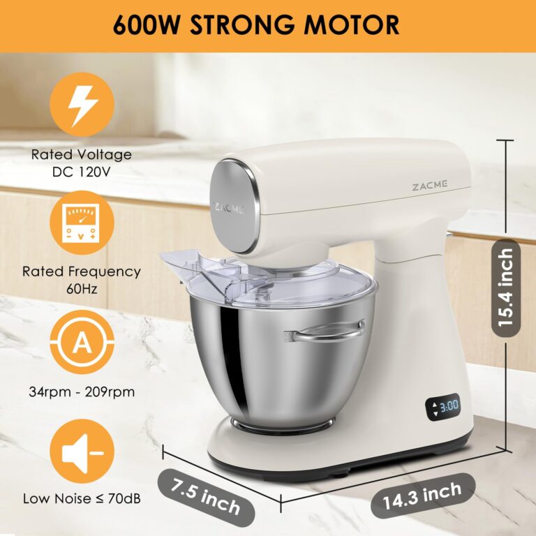 ZACME Mixers Kitchen Electric Stand Mixer 5.5QT 600W, Aluminum die casting and Gears, Dual Cooling System, Low Noise, DC Motor, LED Display and Timing Function, Tilt-head Metal Food Mixer, White - Image 3