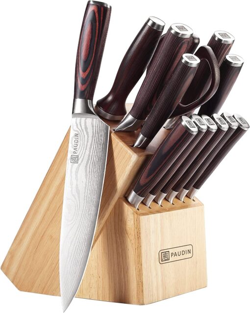 PAUDIN Kitchen Knife Set with Block, 14 Pieces Knife Sets for Kitchen with Block, High Carbon German Stainless Steel Sharp Chef Knife Set with Ergonomic Pakkawood Handle
