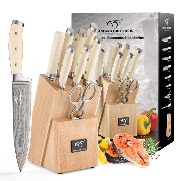 Damascus Kitchen Knife Set, 9 Pieces With Block, White ABS Triple Rivet Ergonomic Handle for Chef Knives, Sharpener and Shears - Image 2