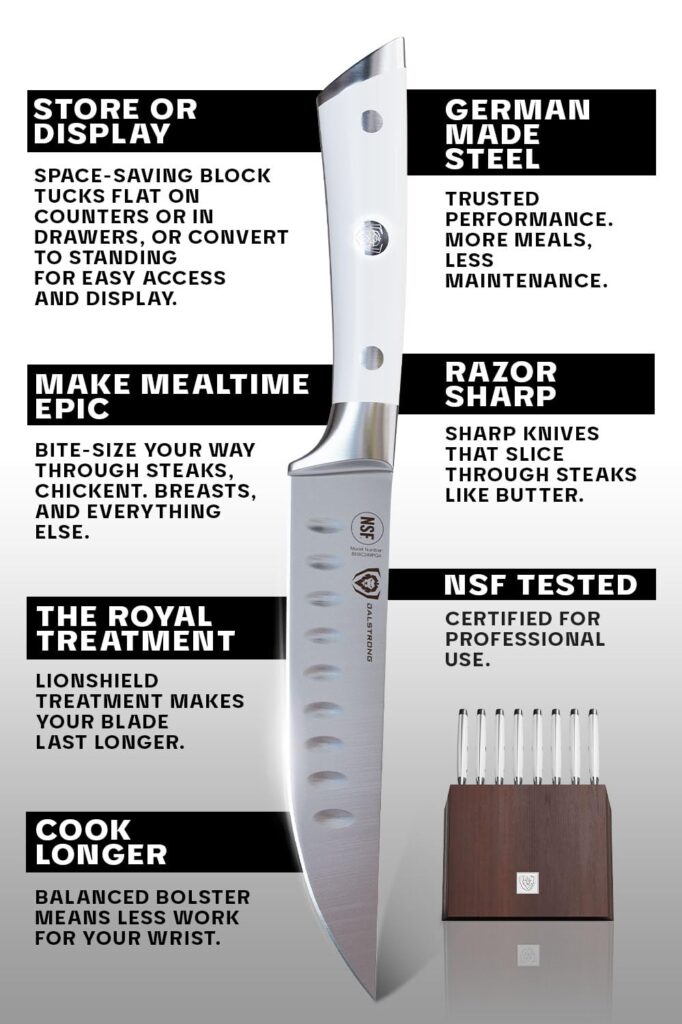 Dalstrong Steak Knife Set with Folding Block - 8 Pc - Gladiator Series - 5" Straight Edge Blade - Forged High-Carbon German Steel - w/Modular Storage Block - Glacial White ABS Handle - NSF Certified - Image 4