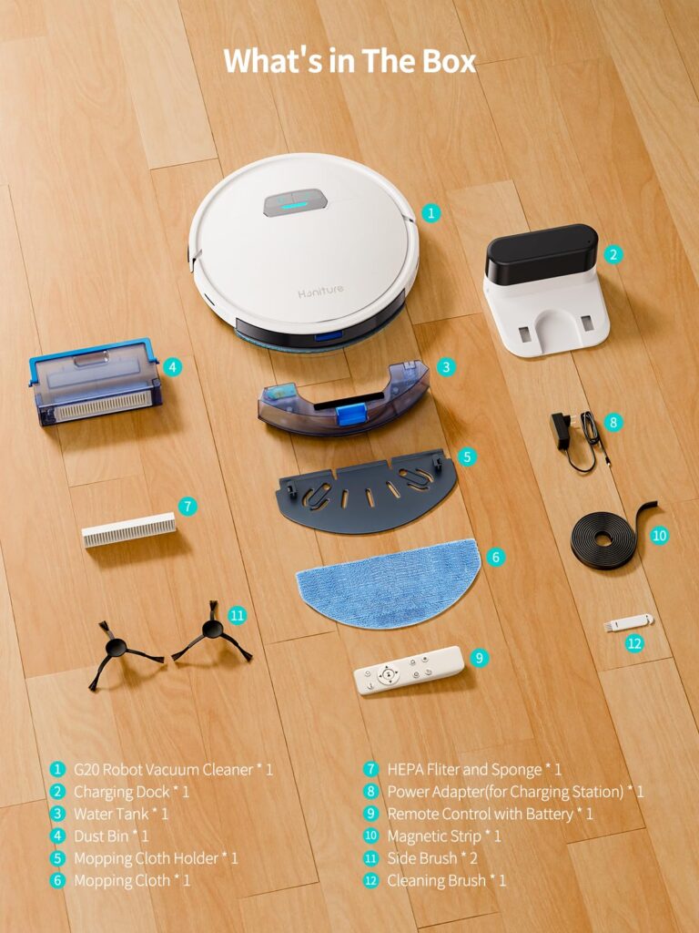 HONITURE Robot Vacuum and Mop Combo, 4000pa Strong Suction, G20 Robot Vacuum Cleaner with Self-Charging, 150Mins Max, App&Remote&Voice Control, Super-Slim, Ideal for Pet Hair - Image 2