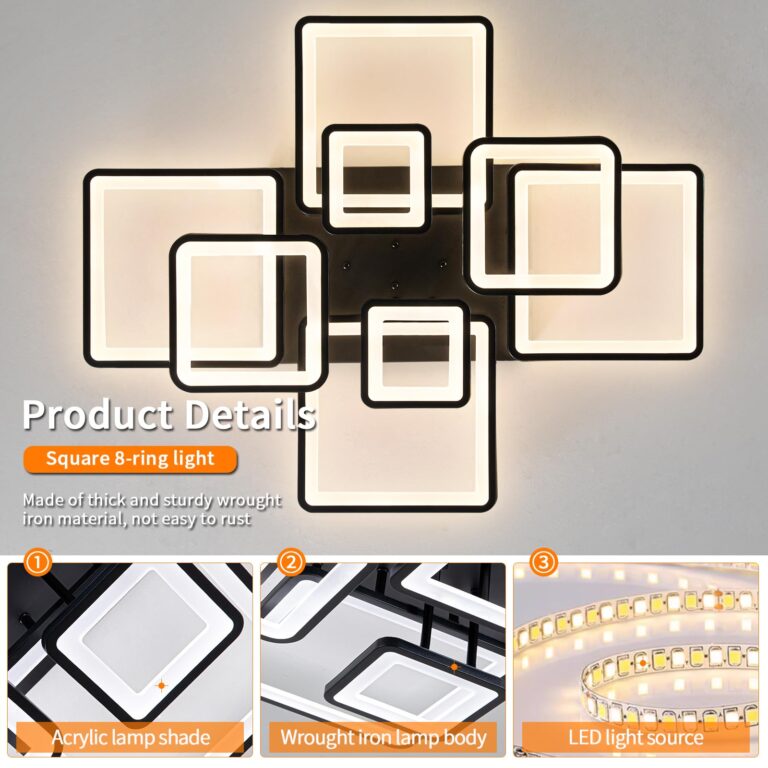 Shine LUEST Modern LED Ceiling Light, Dimmable LED Chandelier Black Flush Mount Ceiling Lights, Remote Control Acrylic Ring Ceiling Lamp Fixture for Living Room Dining Room Bedroom, 8H-FANG-BL-04 - Image 5