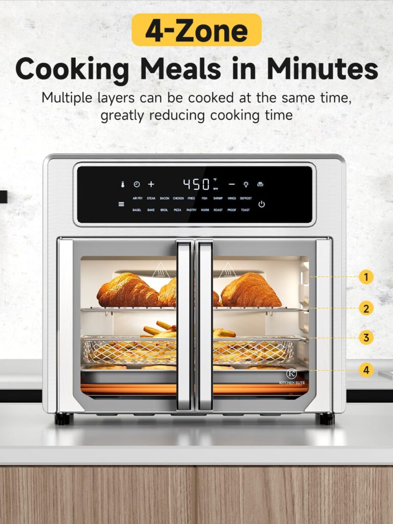 Kitchen Elite®Air Fryer French Door Oven,26.4 Qt Easy Cleanup & Use Large Countertop Toaster Oven Combo,18 Presets & 1 Preheat & 1 Light,Multi-Layer Cooking,4 Accessories,Stainless Steel - Image 4
