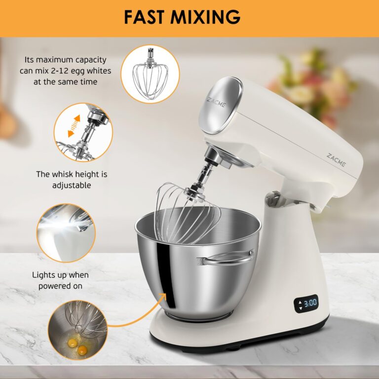 ZACME Mixers Kitchen Electric Stand Mixer 5.5QT 600W, Aluminum die casting and Gears, Dual Cooling System, Low Noise, DC Motor, LED Display and Timing Function, Tilt-head Metal Food Mixer, White - Image 4