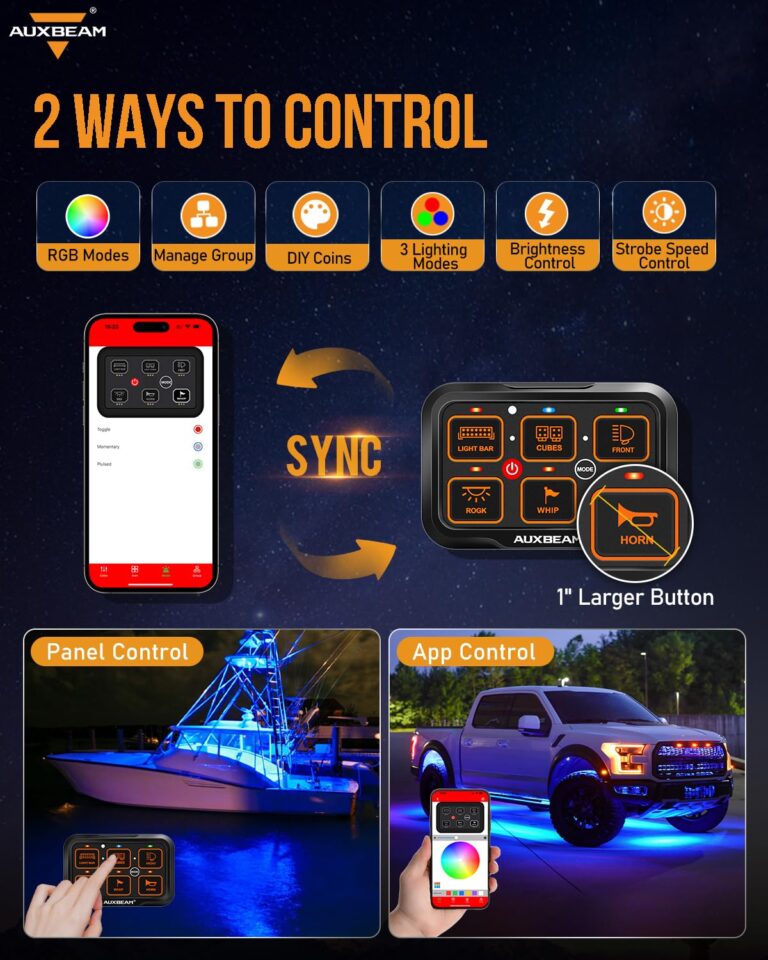 Auxbeam 6 Gang Switch Panel Bluetooth RGB AR-600 with Toggle Momentary Pulsed Modes Multifunctional Switch pod with Manual and Automatic Backlit Control Boat Switch Panel for Truck Car ATV Waterproof - Image 8