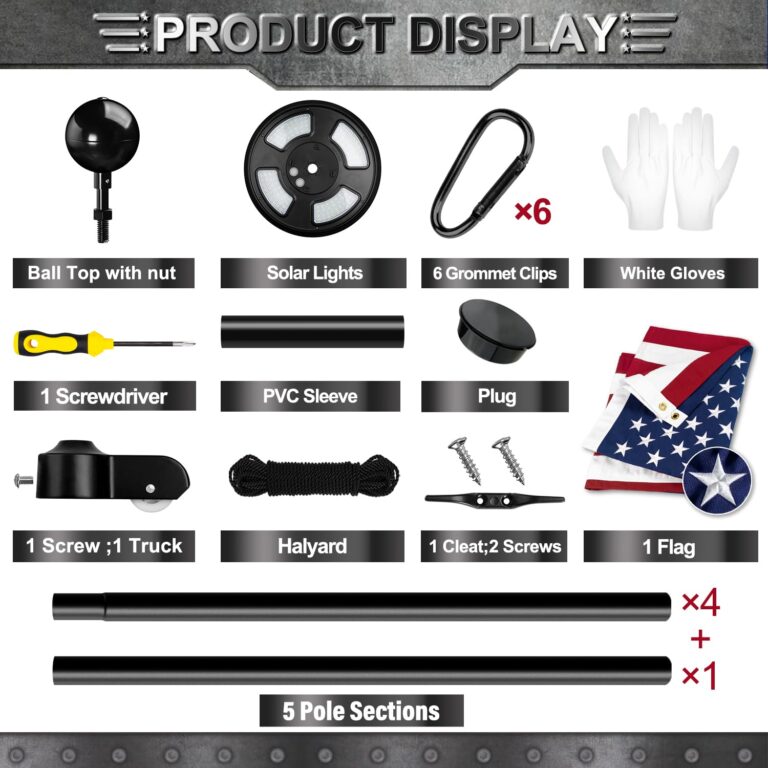 Heavy Duty Flag Pole Kit with Solar Light, 20 FT 12 Gauge Aluminum in Ground Flagpole with 128 LEDs Solar Powered Set for House Outside, with Embroidered American Flag, Residential Commercial, Black - Image 7