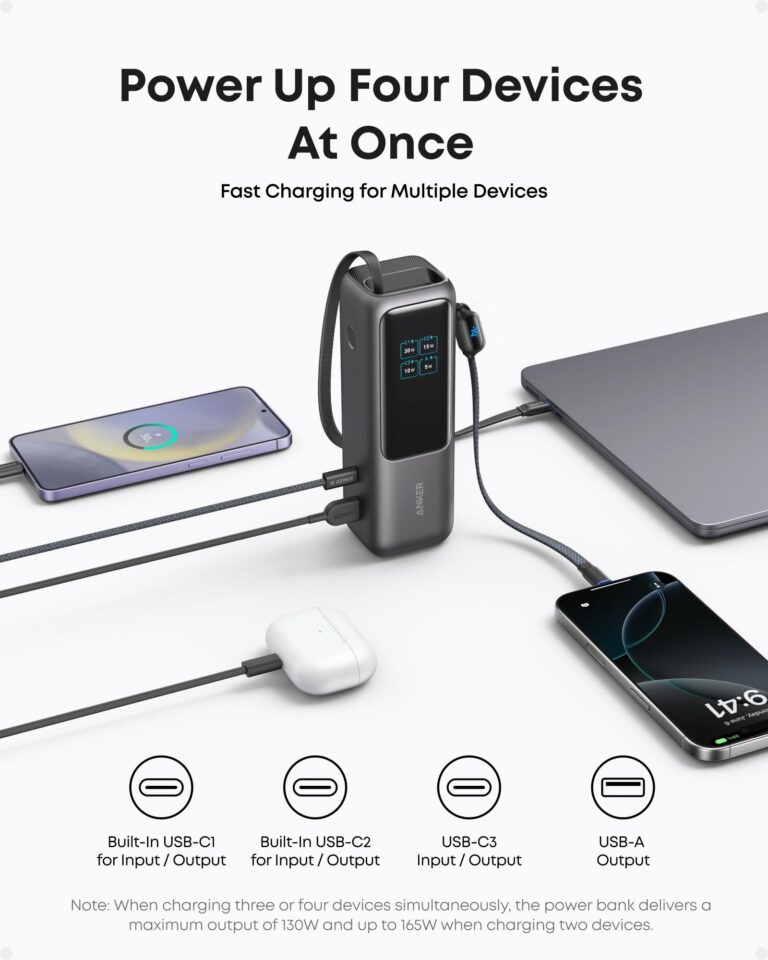 Anker Laptop Power Bank, 25,000mAh Portable Charger with Triple 100W USB-C Ports for Multi-Device Charging, Built-in and Retractable Cables, for iPhone 16/15 Series, MacBook, Samsung, and More - Image 3