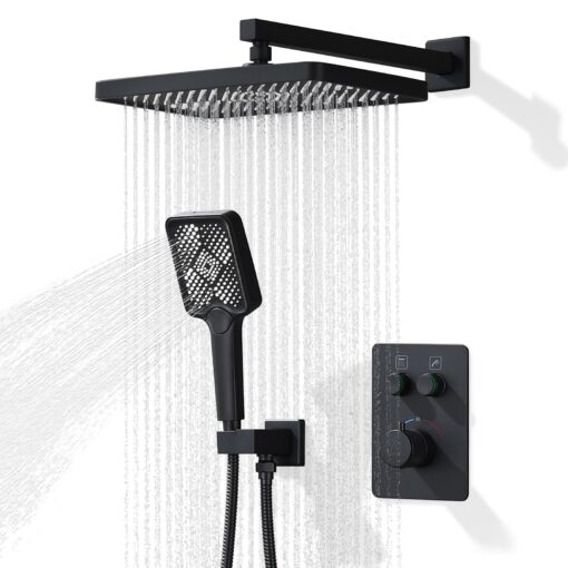 JQBQS Thermostatic Shower Valve/System 12 inches Black Brass Faucet Set With Diverter/Mixer With Handheld Rain Head High Pressure Modern Rainfall