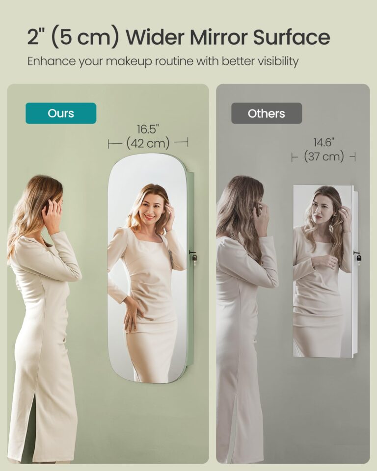 SONGMICS Jewelry Organizer, LED Jewelry Cabinet Wall or Door Mounted, Lockable Rounded Wide Mirror with Storage, Interior Mirror, 3.9 x 16.5 x 42.5 Inches, Laurel Green Surface with Cream White Lining - Image 5