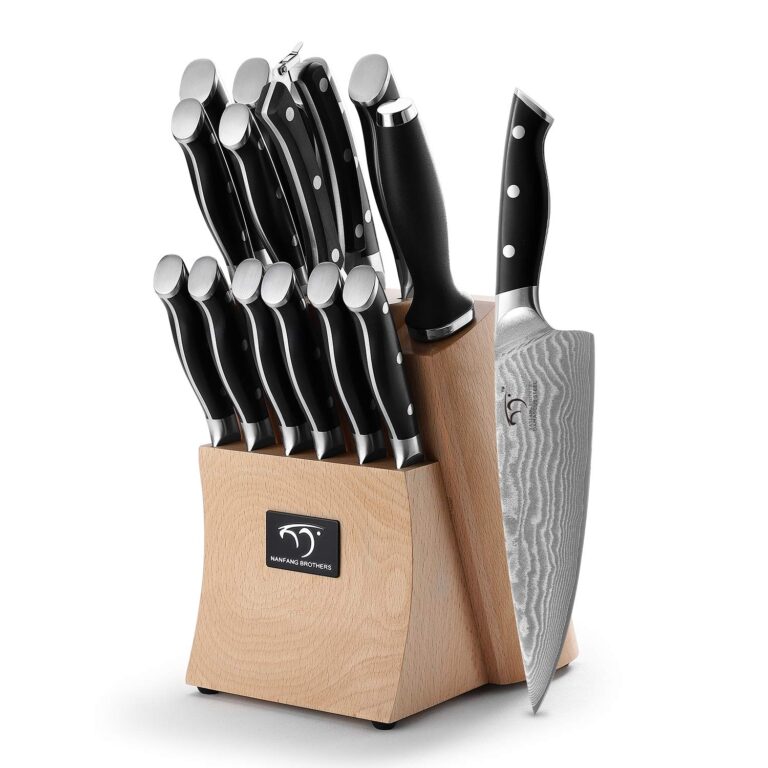 Damascus Kitchen Knife Set, 15-Piece Kitchen Knife Set with Block, ABS Ergonomic Handle for Chef Knife Set and Serrated Steak Knives Knife Sharpener and Kitchen Shears, Beechwood Block