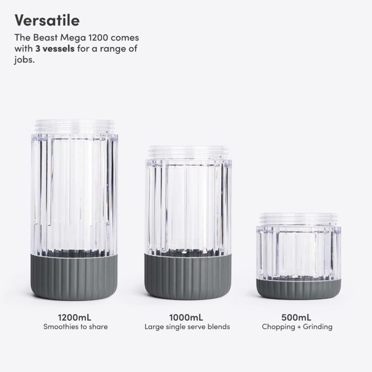 Beast Mega 1200 | Premium Countertop Blender | Smoothies, Shakes, Sauces, Dips, Soups | Blends Ice and Frozen Fruit | XL Vessel | Extra Vessels, Straw System Included | 1200W | (Charcoal, 120V) - Image 4