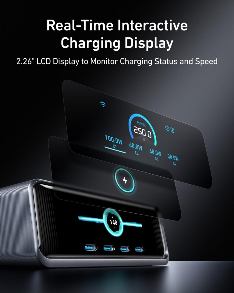 Anker Prime Charger, 250W GaN Prime USB C Charging Station, Ultra-Fast 6-Port, 2.26" LCD Display and Smart Control Dial, Compatible with MacBook Pro/Air, iPhone 16/15/14, Galaxy, and More (Silver) - Image 5