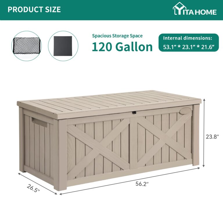 YITAHOME 120 Gallon Large Outdoor Storage Box with X-Shaped Front, Waterproof Resin Deck Box Cushion Storage Bench for Patio, Pool Supplies, Garden Tools- Lockable, Taupe - Image 2