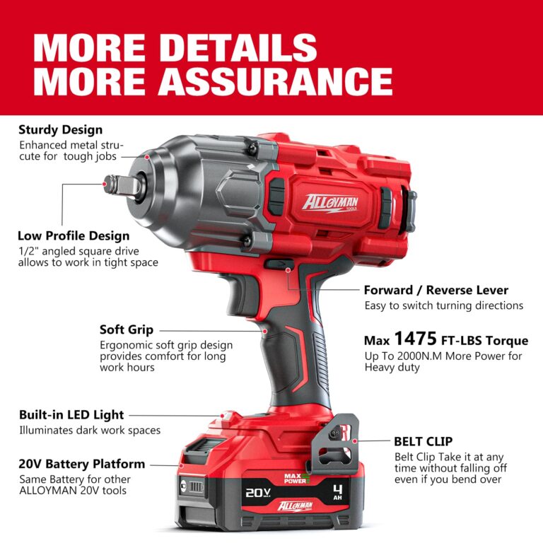 Alloyman Cordless Impact Wrench, 1475Ft-lbs (2000N.m) 1/2 High Torque Brushless Impact Gun, 20V Power Impact Driver, 4000mAh Battery,3 Sockets, Brushless Motor Variable Speeds for Car/Truck RV/Mower - Image 4