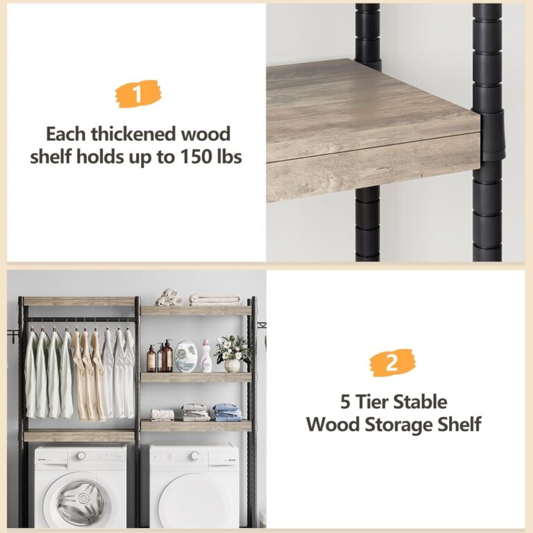 IDEALHOUSE Over The Washer and Dryer Storage Shelf- Laundry Room Organization Space Saving Laundry Drying Clothes Racks Heavy Duty Adjustable Height Bathroom Shelf for Home Decor (Wood, 30" A+B) - Image 6