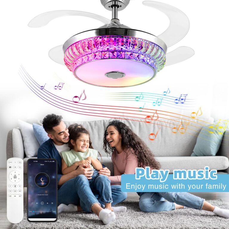 NUTCRUST Bluetooth Ceiling Fan with Light and Speaker, Retractable Ceiling Fan Chandelier with Remote Control, 6 Speeds Reversible Blade Smart Ceiling Fan, Bright Silver, Nordic - Image 5