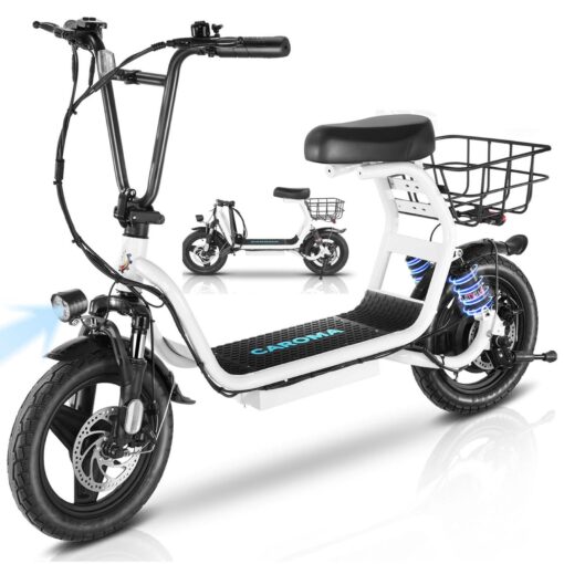 Caroma Electric Scooter with Seat, 14" Fat Tire Electric Scooter Adults, 25 Miles Range&20 Mph Power by 819W Peak Motor,Foldable Adult Electric Scooter for Commuting with Basket&Shock Absorbing