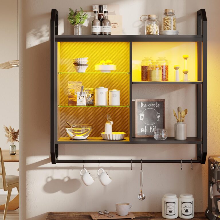 Bestier LED Gaming Floating Shelves, 34" Wall Mounted Shelf Pipe Shelves Hanging Display Rack Bookshelf with 6 S-Hook, Gaming Room Decor Wine Coffee Bar, Black Carbon Fiber - Image 7