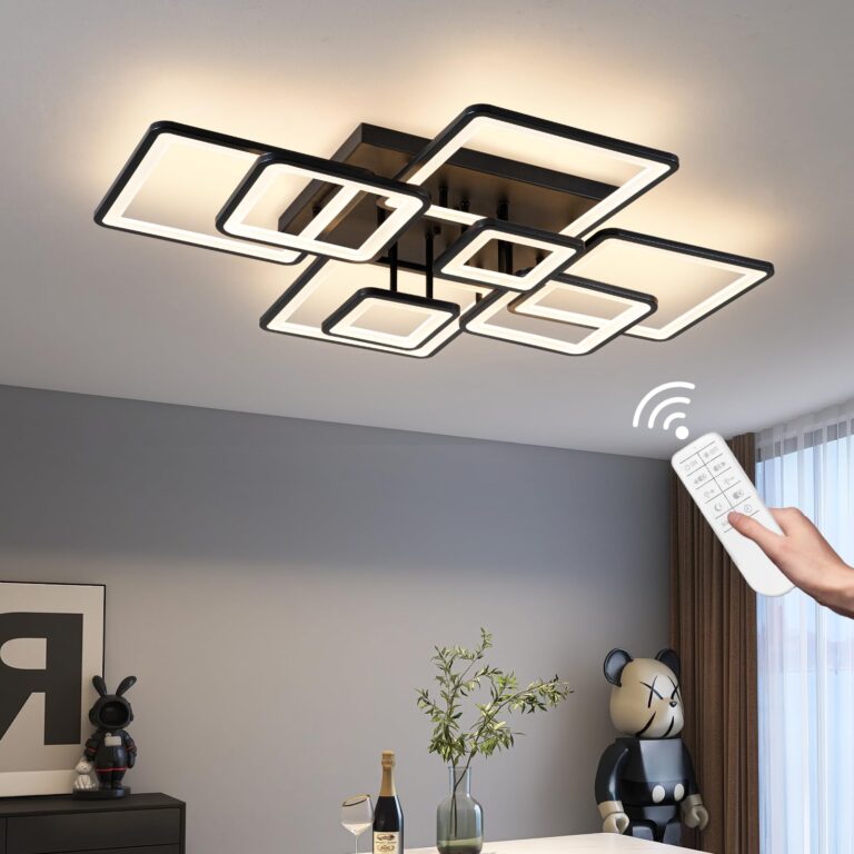 Shine LUEST Modern LED Ceiling Light, Dimmable LED Chandelier Black Flush Mount Ceiling Lights, Remote Control Acrylic Ring Ceiling Lamp Fixture for Living Room Dining Room Bedroom, 8H-FANG-BL-04
