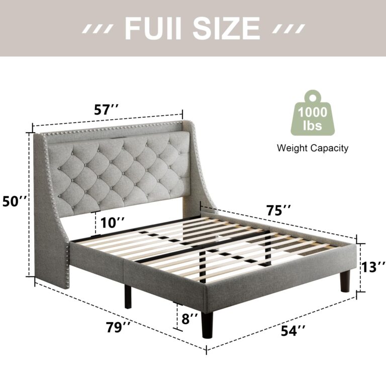 Feonase Full Size Bed Frame with Luxury Wingback and Fast Charging Station,Full Upholstered Button Tufted Storage Headboard Platform Bed,Sturdy Wooden Slats Support,Noise-Free,Easy Assembly,Light Gray - Image 7