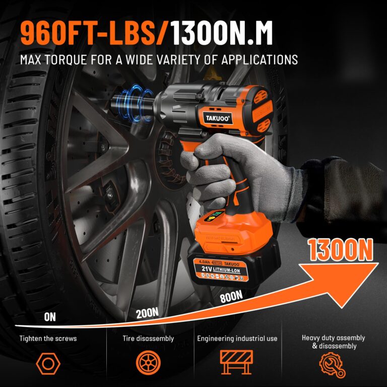 Takuoo 1300N.m(960Ft-lbs) Cordless Impact Wrench High Torque, 1/2" 21V Brushless Impact Gun w/2x 4.0AH Battery Fast Charger, Electric Power Impact Wrench for Truck RV Heavy-duty, 5 Sockets, Tool Box - Image 5