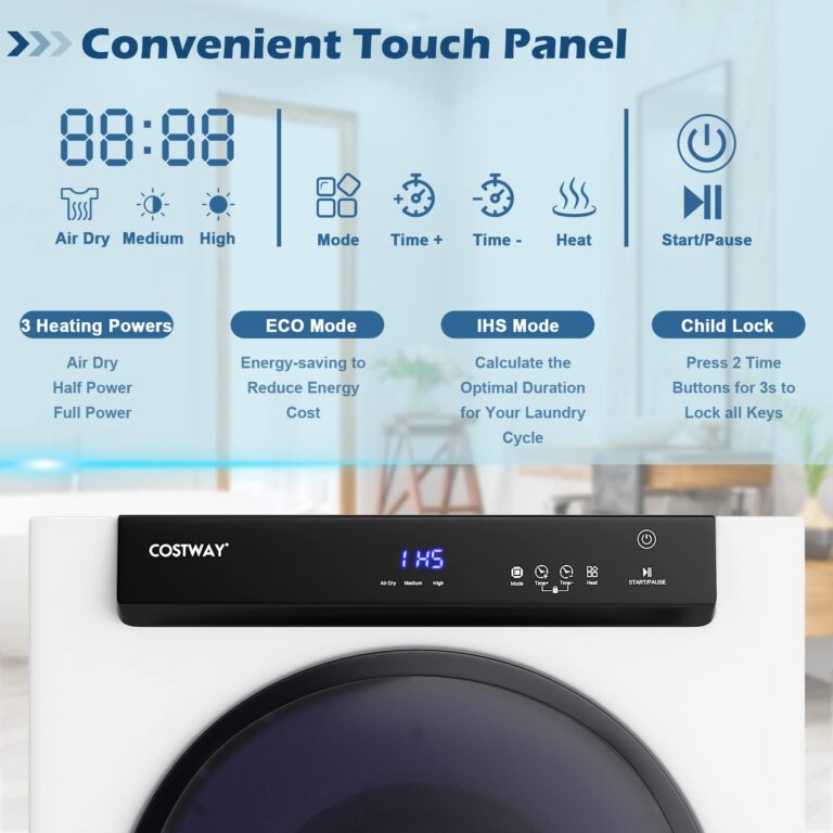 COSTWAY Compact, Touch Panel, 2 Modes, 3 Heating Powers and Adjustable Exhaust Vent, 8.8 LBS Front Load Tumble Laundry Apartment, Dorm and Home, 1400W, White Portable Dryer - Image 9