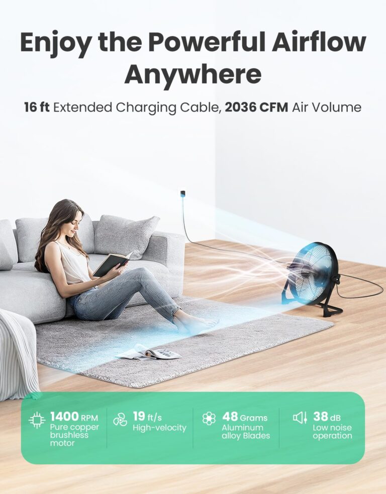 14" Portable Battery Operated Solar Fan, Rechargeable Camping Tent Fan Outdoor, Hi-Velocity Cordless Metal Floor Fan, Hi-Airflow Wireless Industrial Fan, Quiet Fan, 12-60H Runtime, USB Phone Charge - Image 6