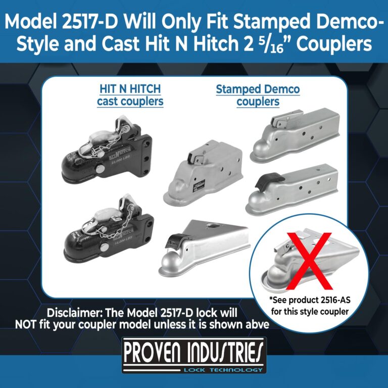 Proven Industries Model 2517-D Trailer Lock, Fits Stamped Demco-Style 2 5/16-Inch Couplers, Secures Safety Chains, Made in The USA, (Black) - Image 8