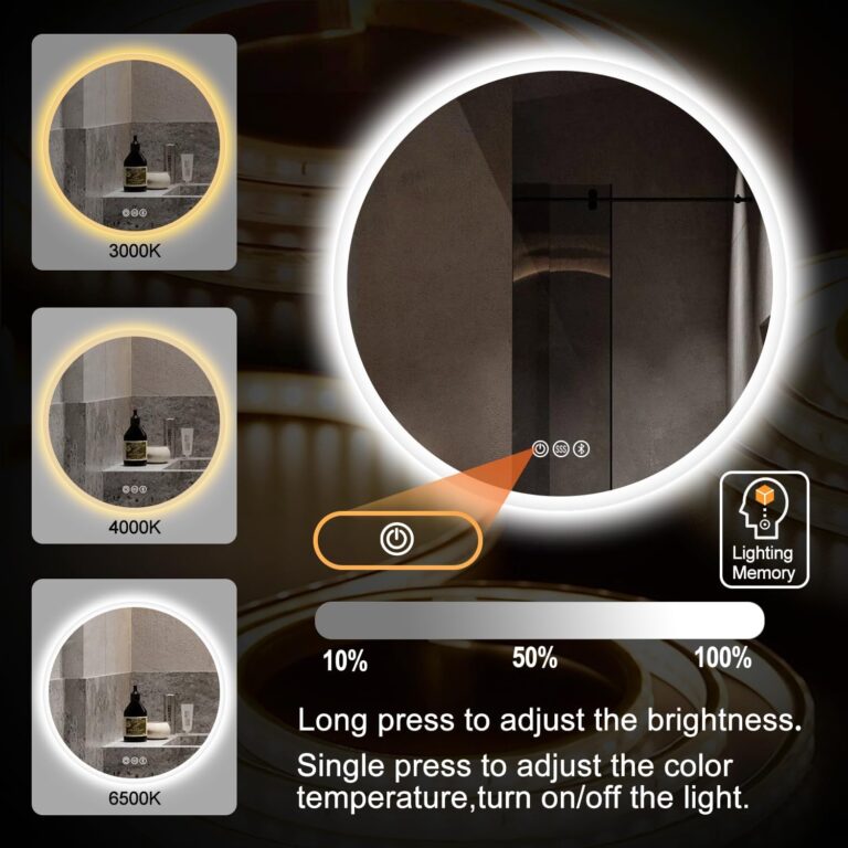 S·BAGNO 36’’ Round Led Bathroom Mirror with Lights, Backlit and Front Lighted, Anti-Fog Wall-Mounted Vanity Mirror 3000K/4000K/6500K, Dimmable Inside Bluetooth Speaker Smart Mirror - Image 7